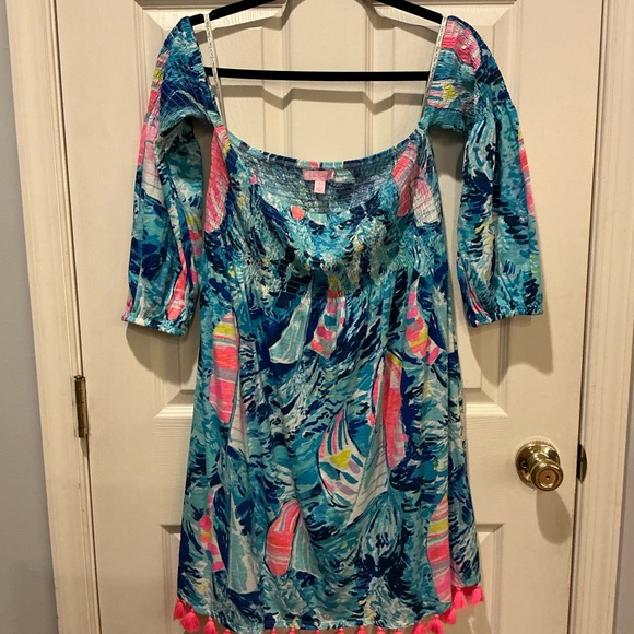 Lilly Pulitzer Trina Beach Mini Dress Tropical Print Pom Pom Detail Woman Large - Picture 13 of 15